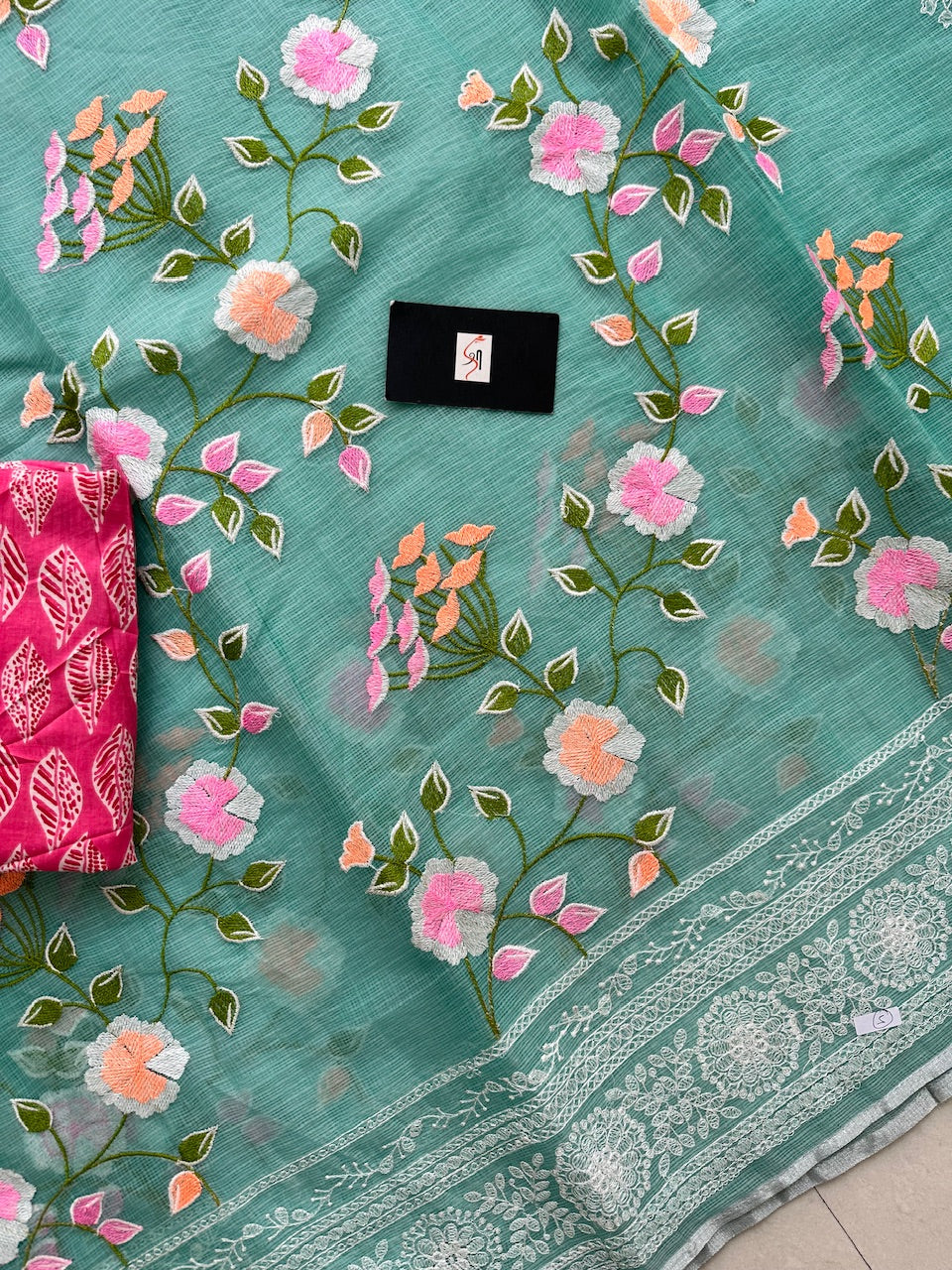 Embroidered Kota Cotton Doria Saree