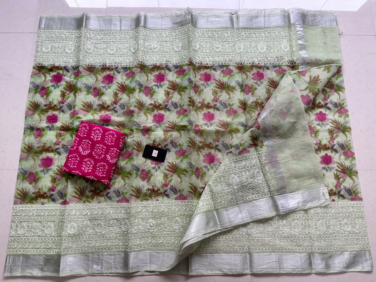 Embroidered Digital Printed Kota Cotton Doria Saree