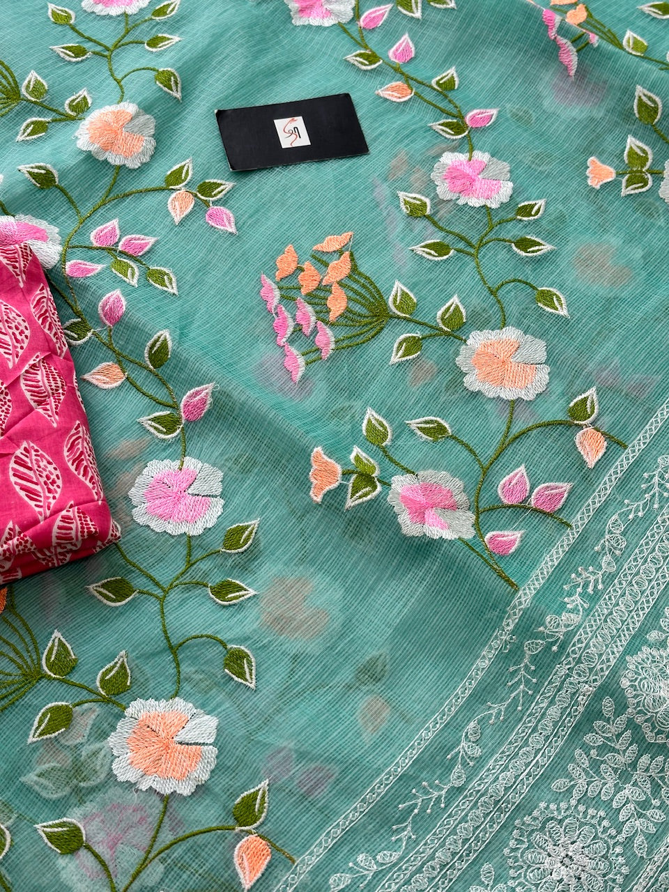 Embroidered Kota Cotton Doria Saree