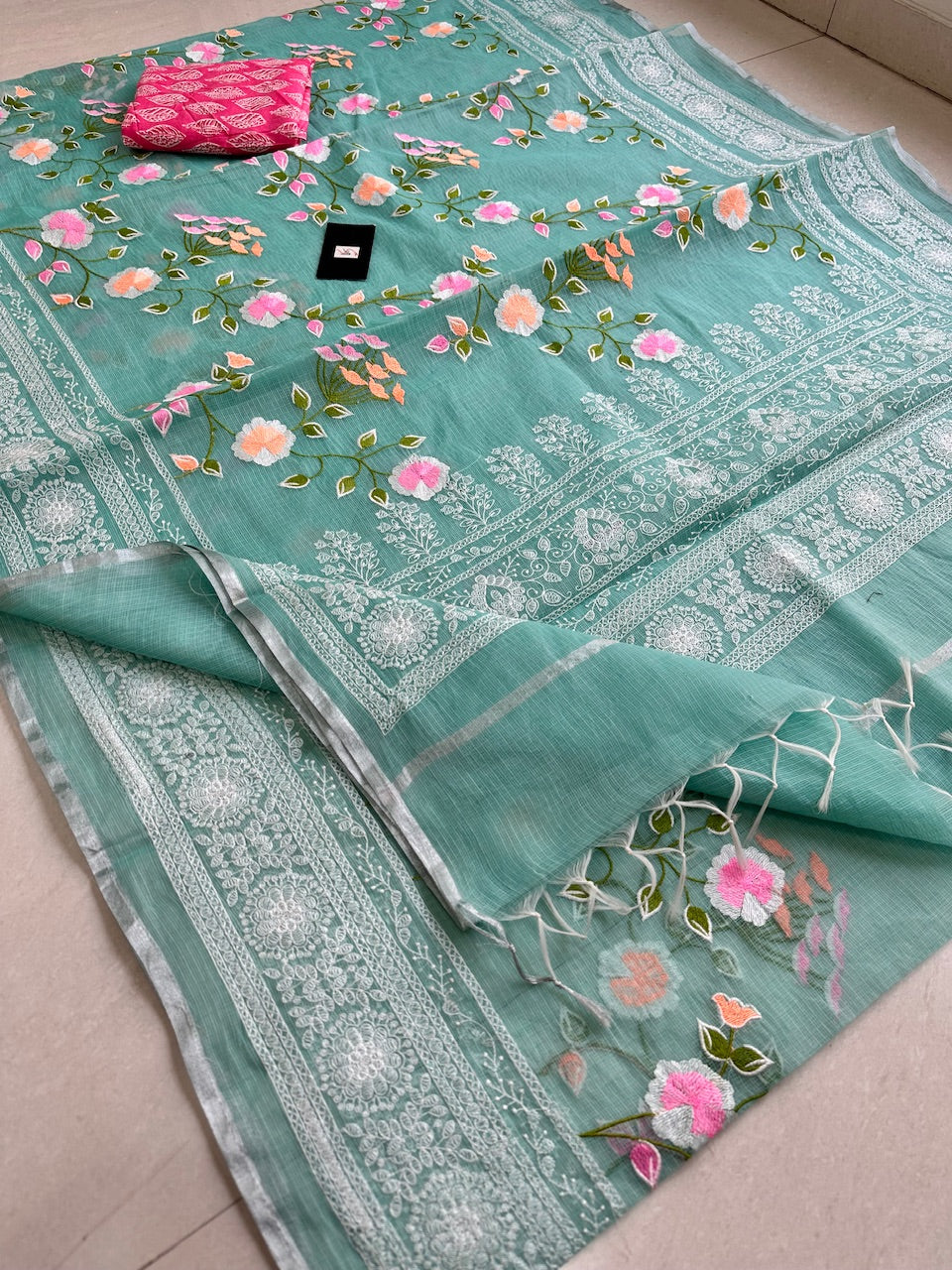 Embroidered Kota Cotton Doria Saree