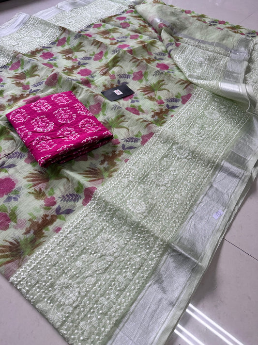 Embroidered Digital Printed Kota Cotton Doria Saree