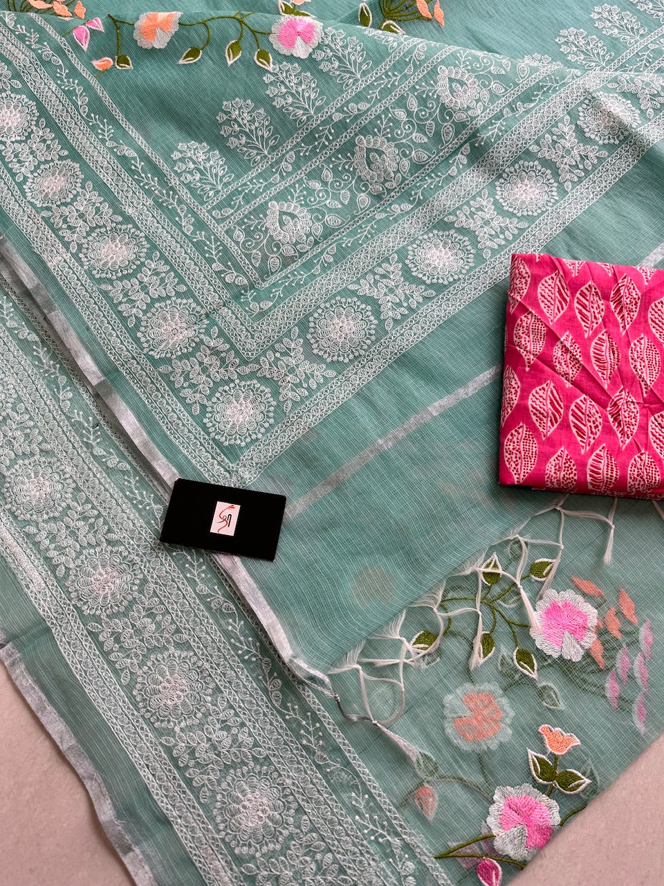 Embroidered Kota Cotton Doria Saree