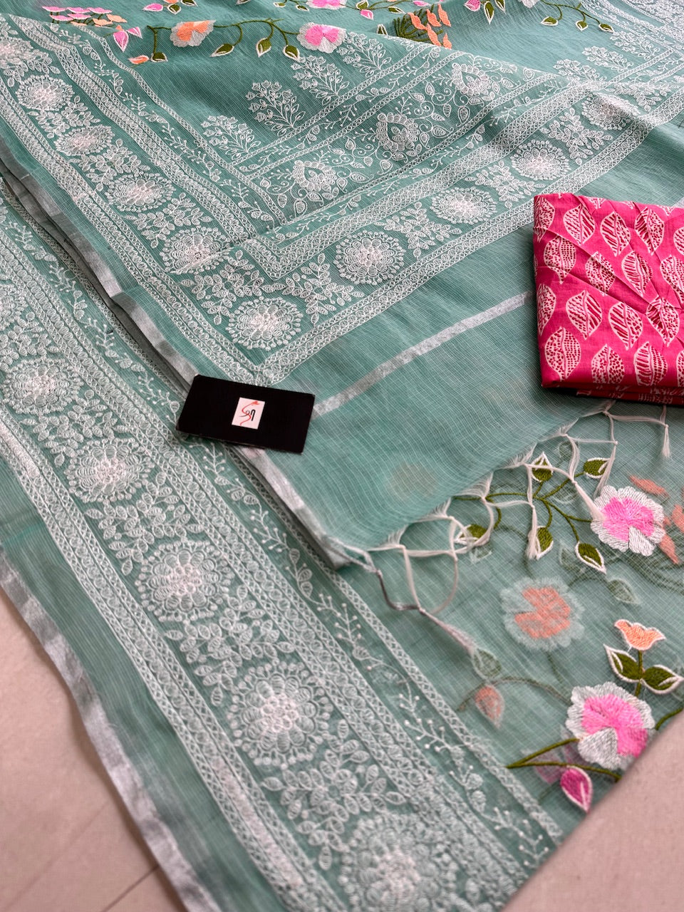 Embroidered Kota Cotton Doria Saree