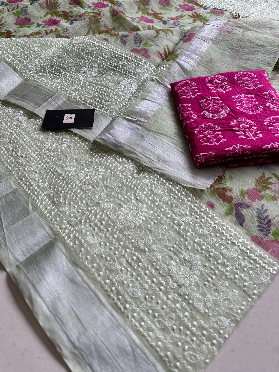 Embroidered Digital Printed Kota Cotton Doria Saree