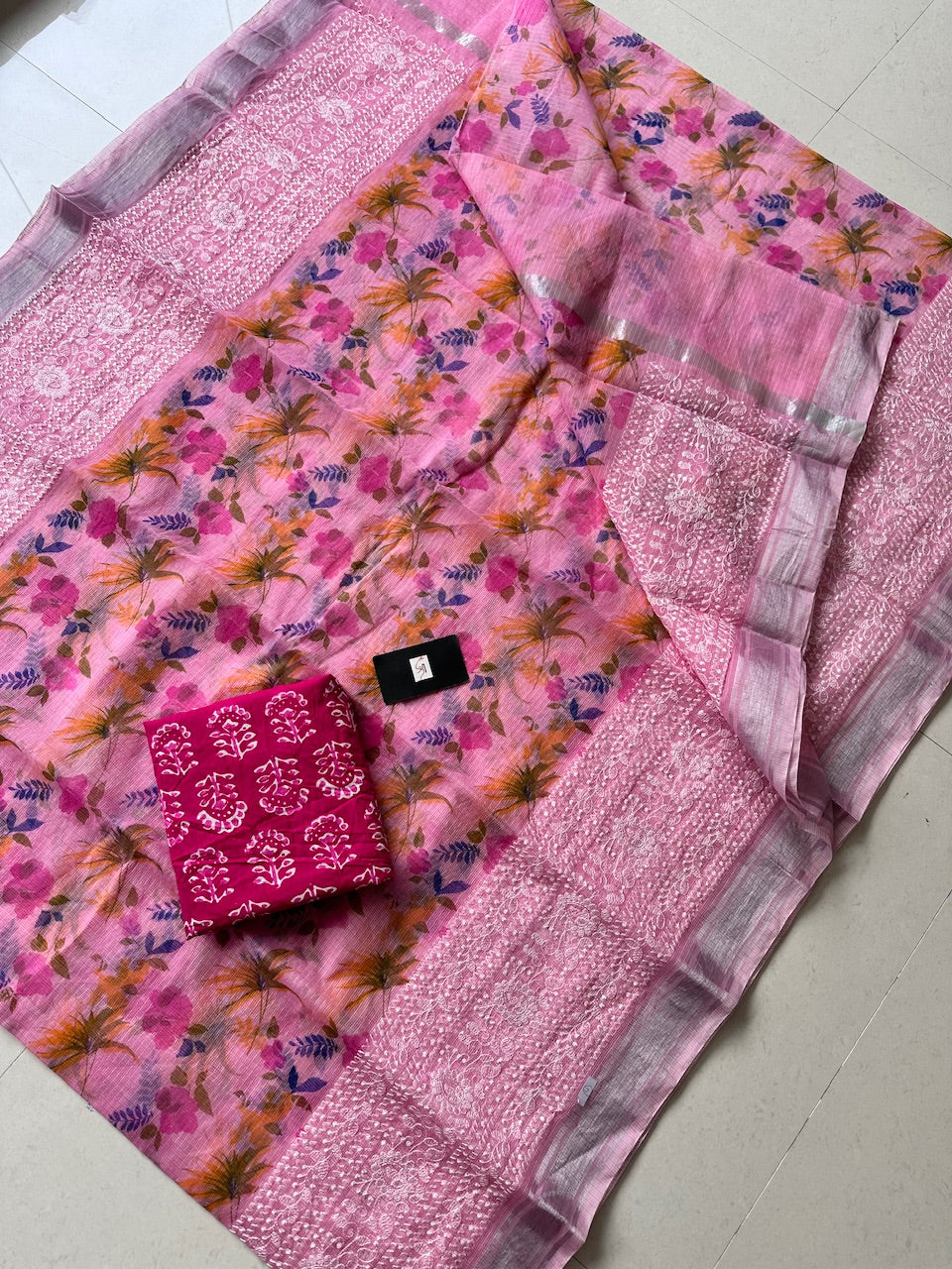 Embroidered Digital Printed Kota Cotton Doria Saree