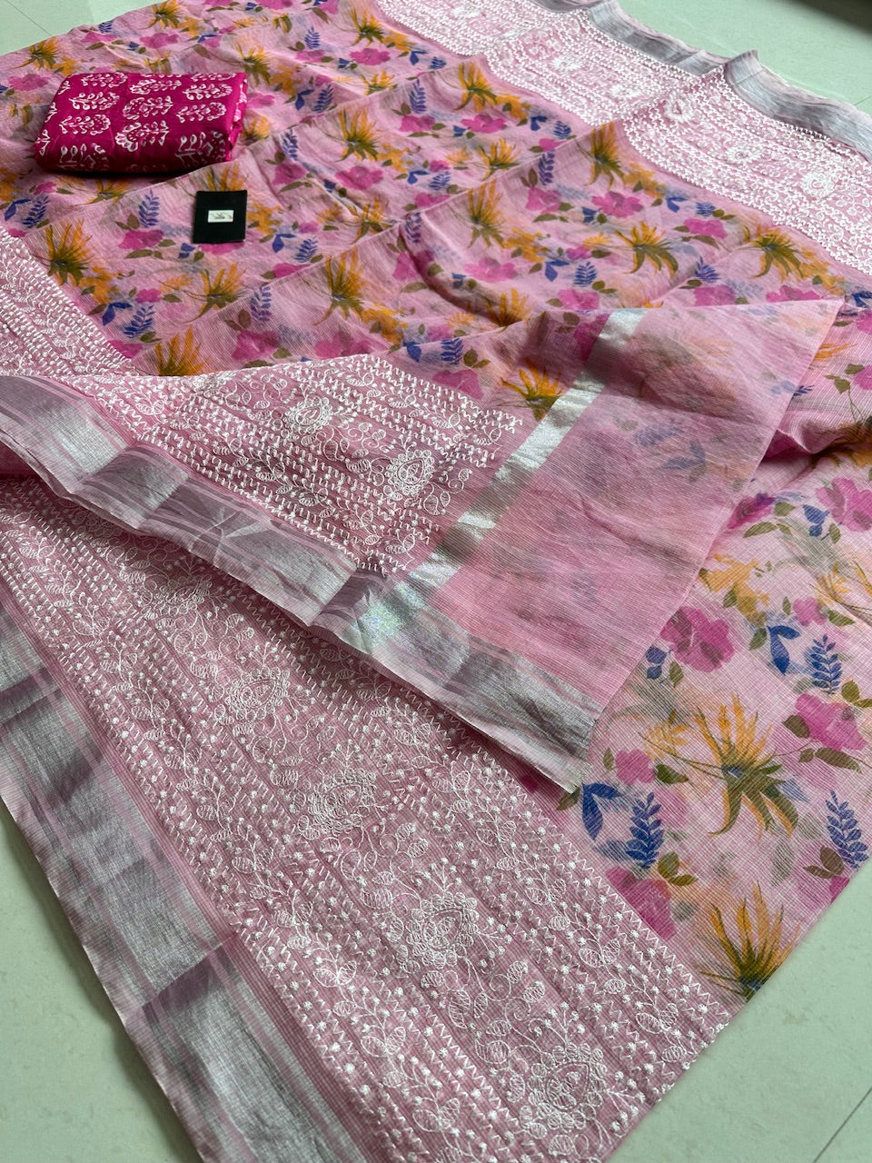 Embroidered Digital Printed Kota Cotton Doria Saree