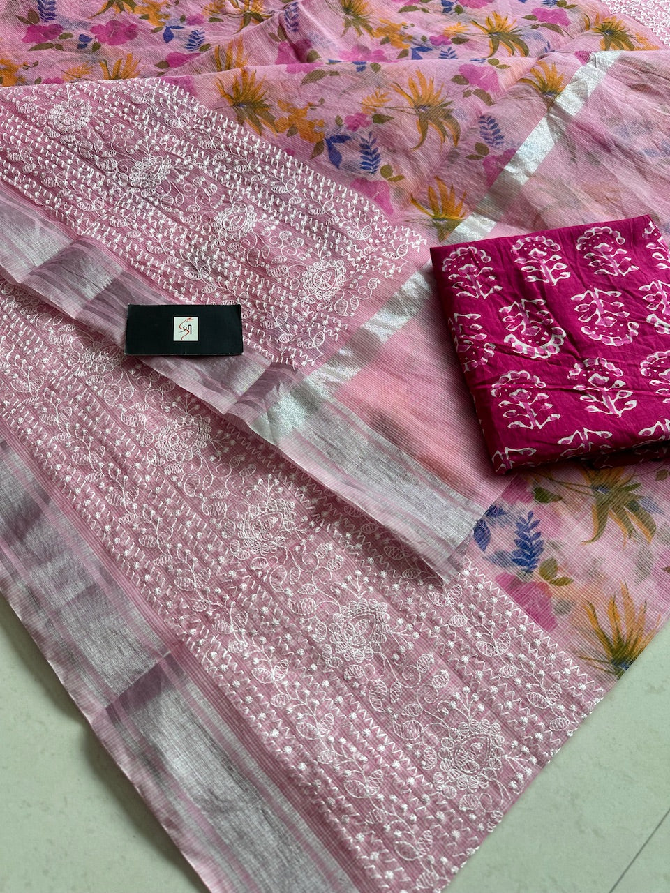 Embroidered Digital Printed Kota Cotton Doria Saree