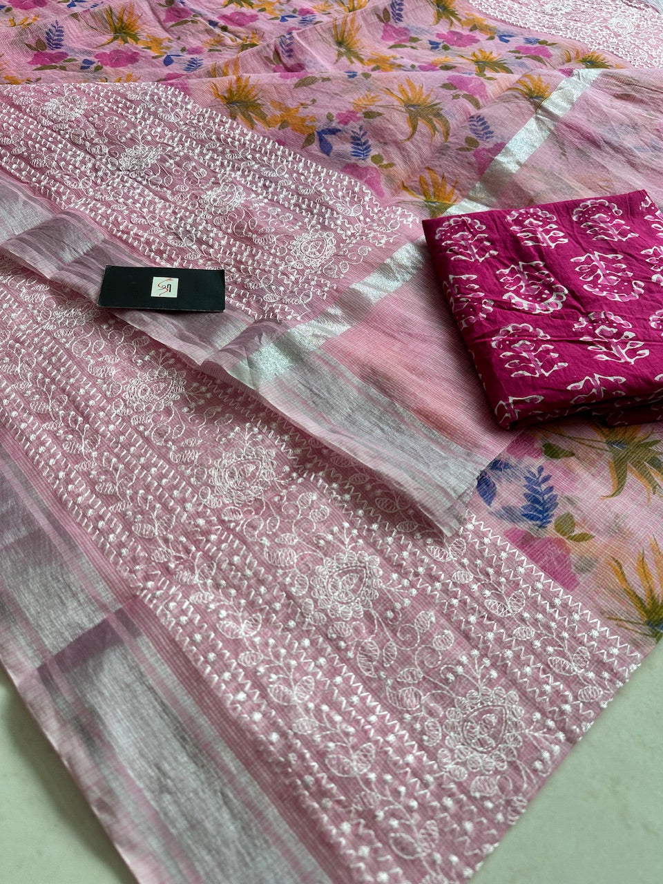 Embroidered Digital Printed Kota Cotton Doria Saree