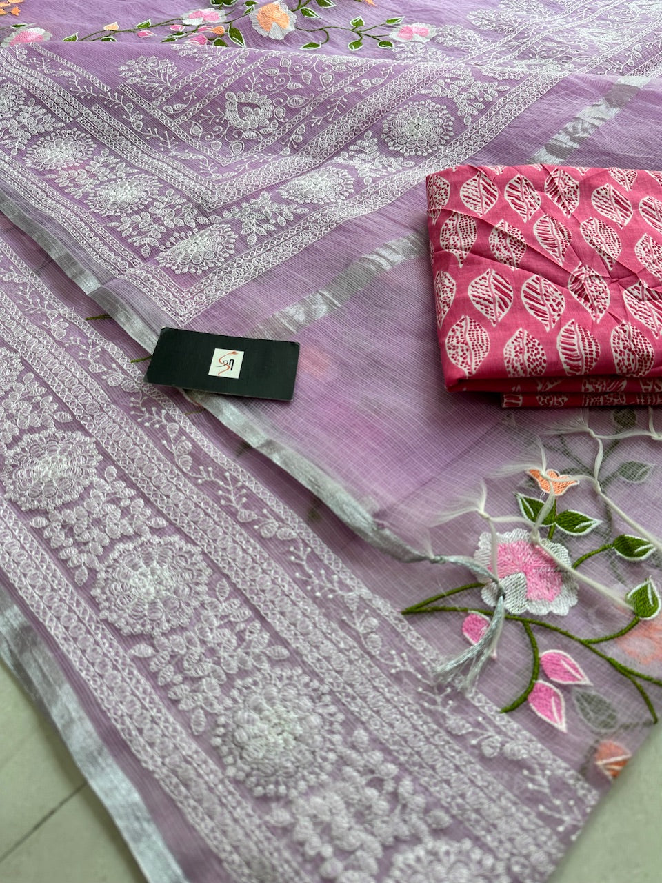 Embroidered Kota Cotton Doria Saree