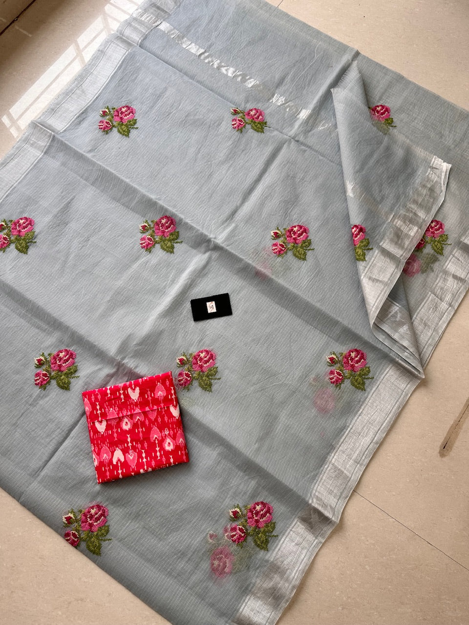 Embroidered Kota Cotton Doria Saree