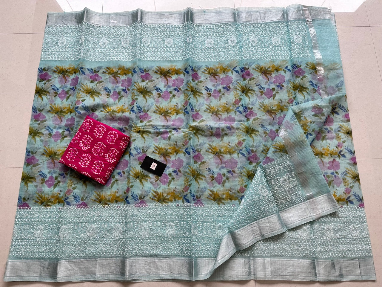 Embroidered Digital Printed Kota Cotton Doria Saree