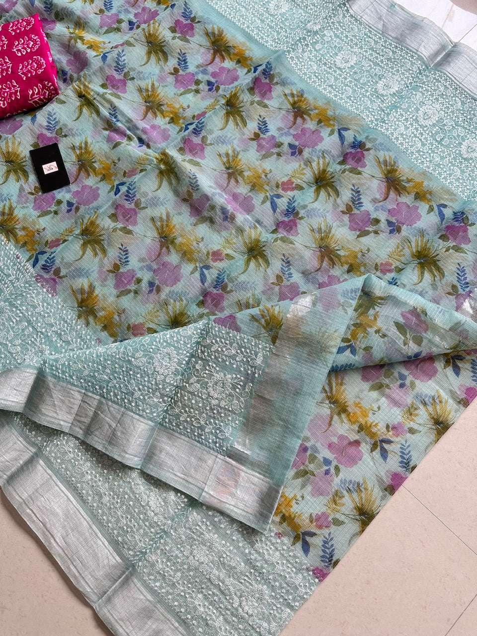 Embroidered Digital Printed Kota Cotton Doria Saree