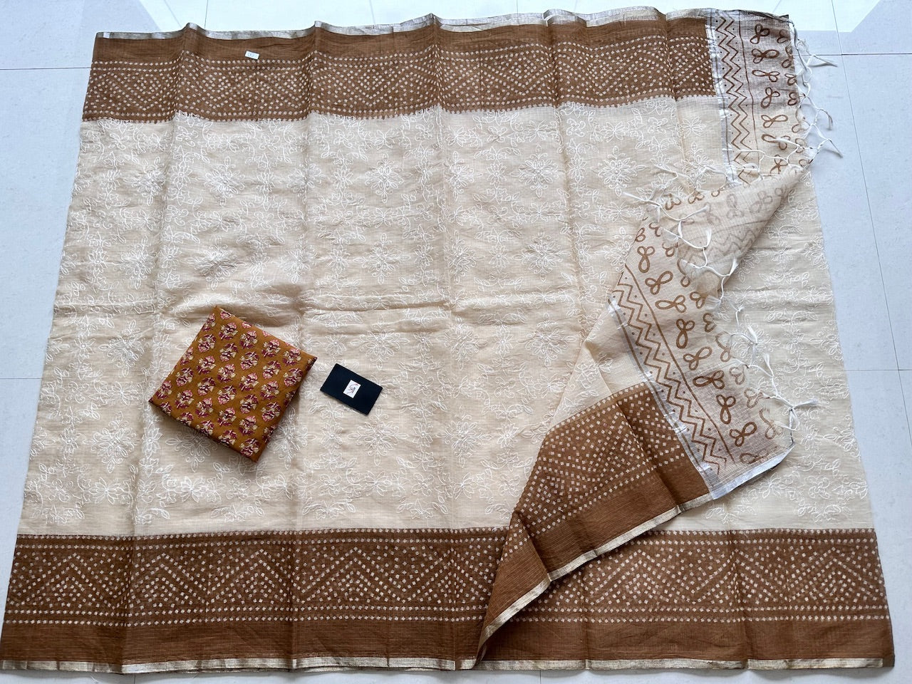 Embroidered HandBlock Printed Kota Cotton Doria Saree