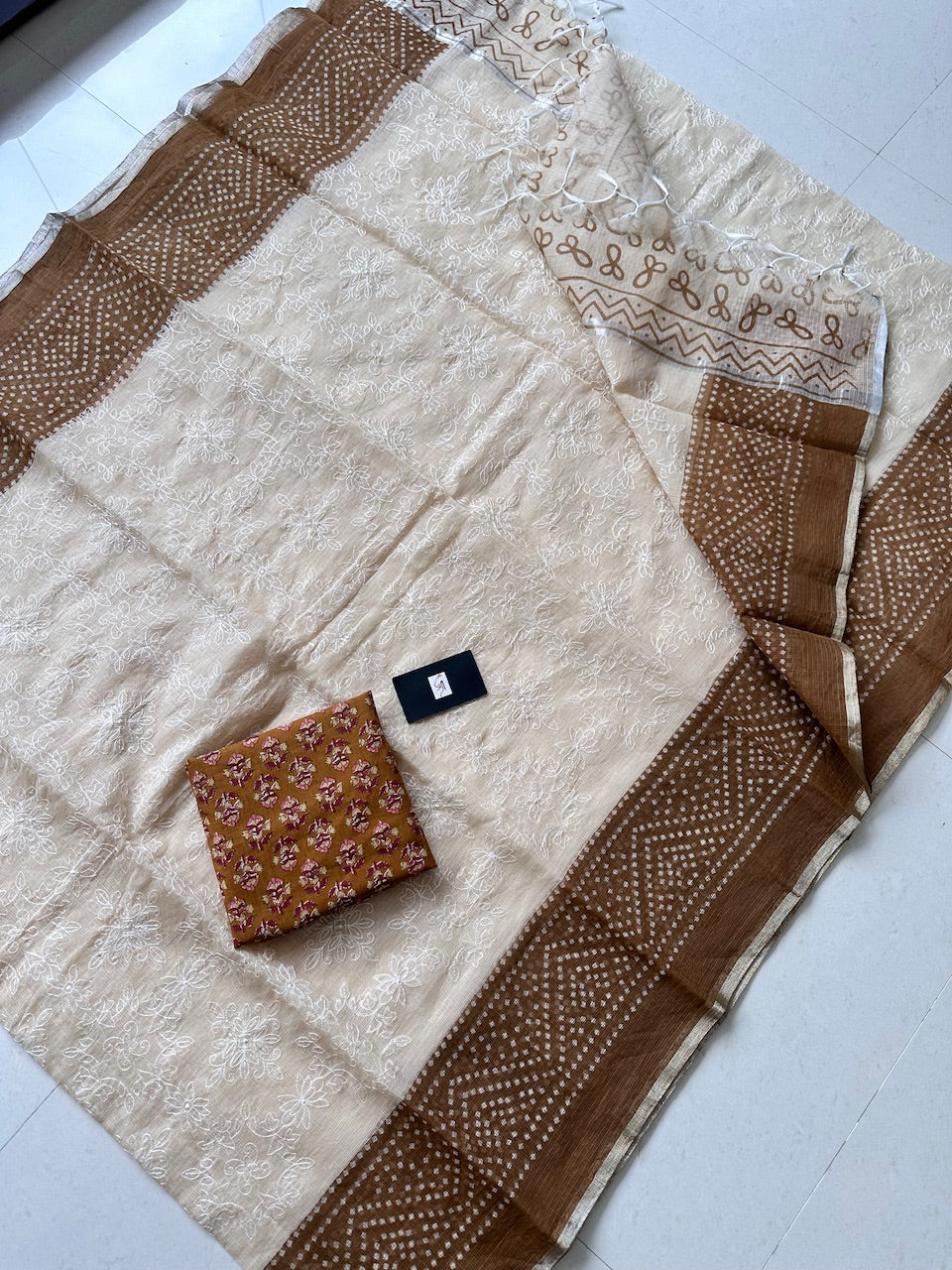 Embroidered HandBlock Printed Kota Cotton Doria Saree