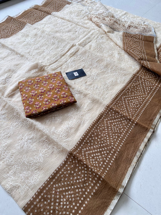 Embroidered HandBlock Printed Kota Cotton Doria Saree