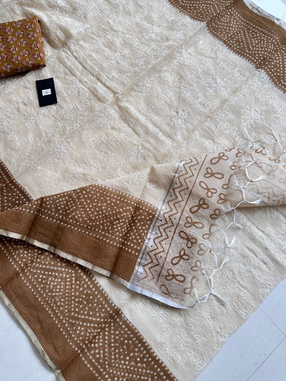 Embroidered HandBlock Printed Kota Cotton Doria Saree