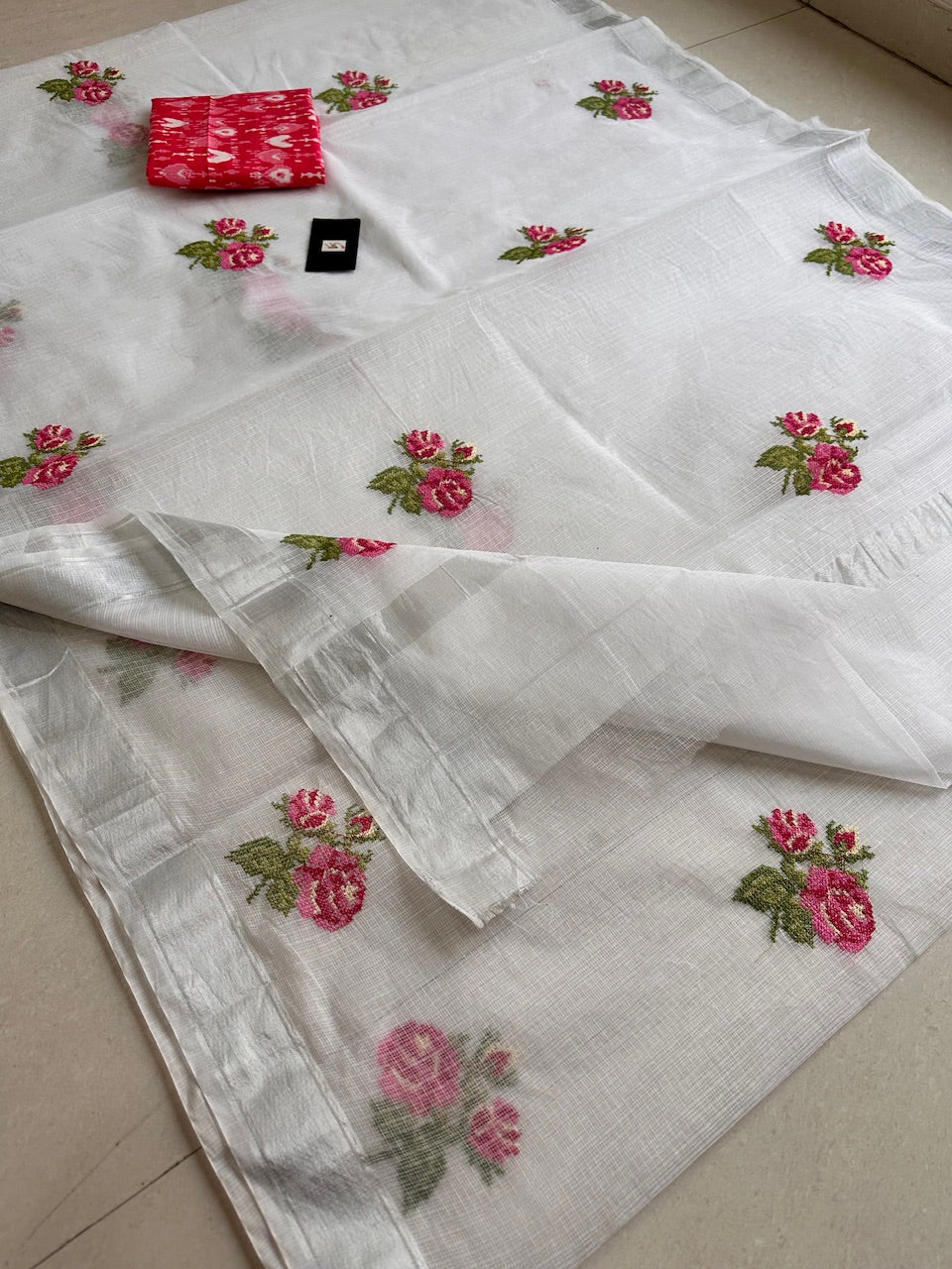 Embroidered Kota Cotton Doria Saree