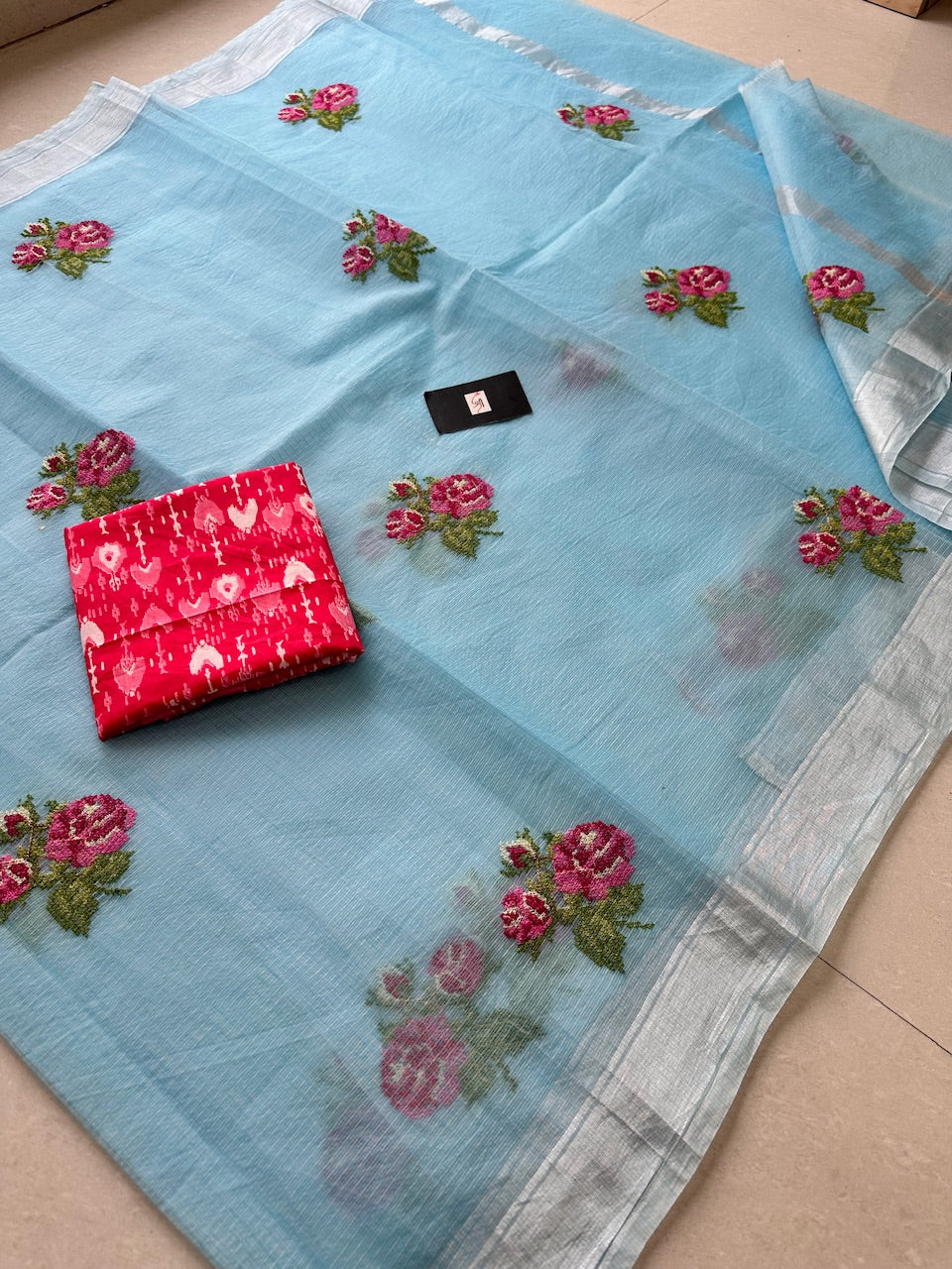 Embroidered Kota Cotton Doria Saree