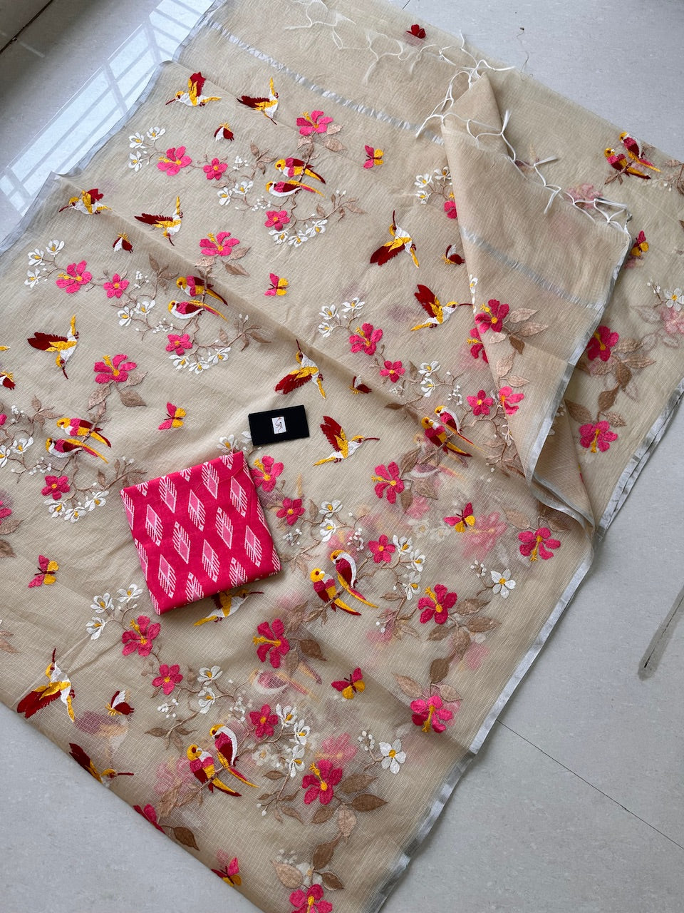 Embroidered Kota Cotton Doria Saree