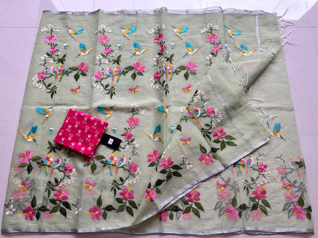 Embroidered Kota Cotton Doria Saree