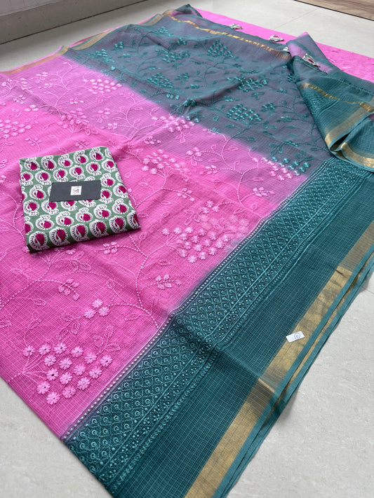 Embroidered Pure Kota Cotton Doria Saree