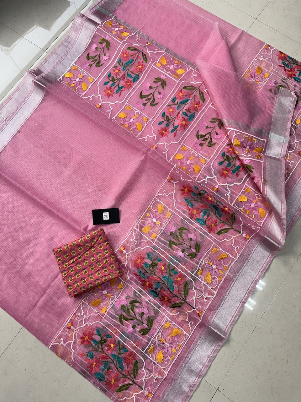 Embroidered Kota Cotton Doria Saree