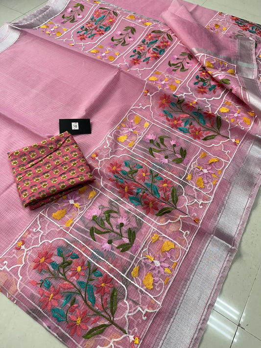 Embroidered Kota Cotton Doria Saree