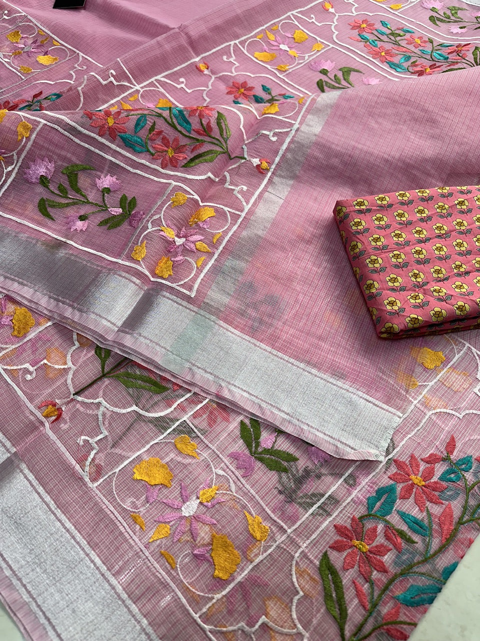 Embroidered Kota Cotton Doria Saree