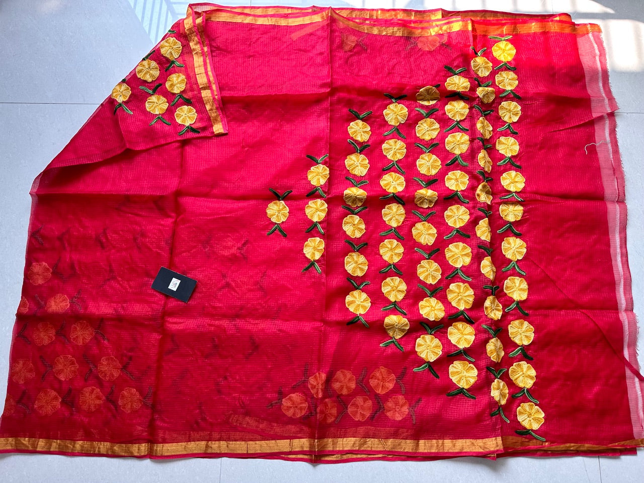 Pure Woolen Thread Embroidered Kota Silk Saree