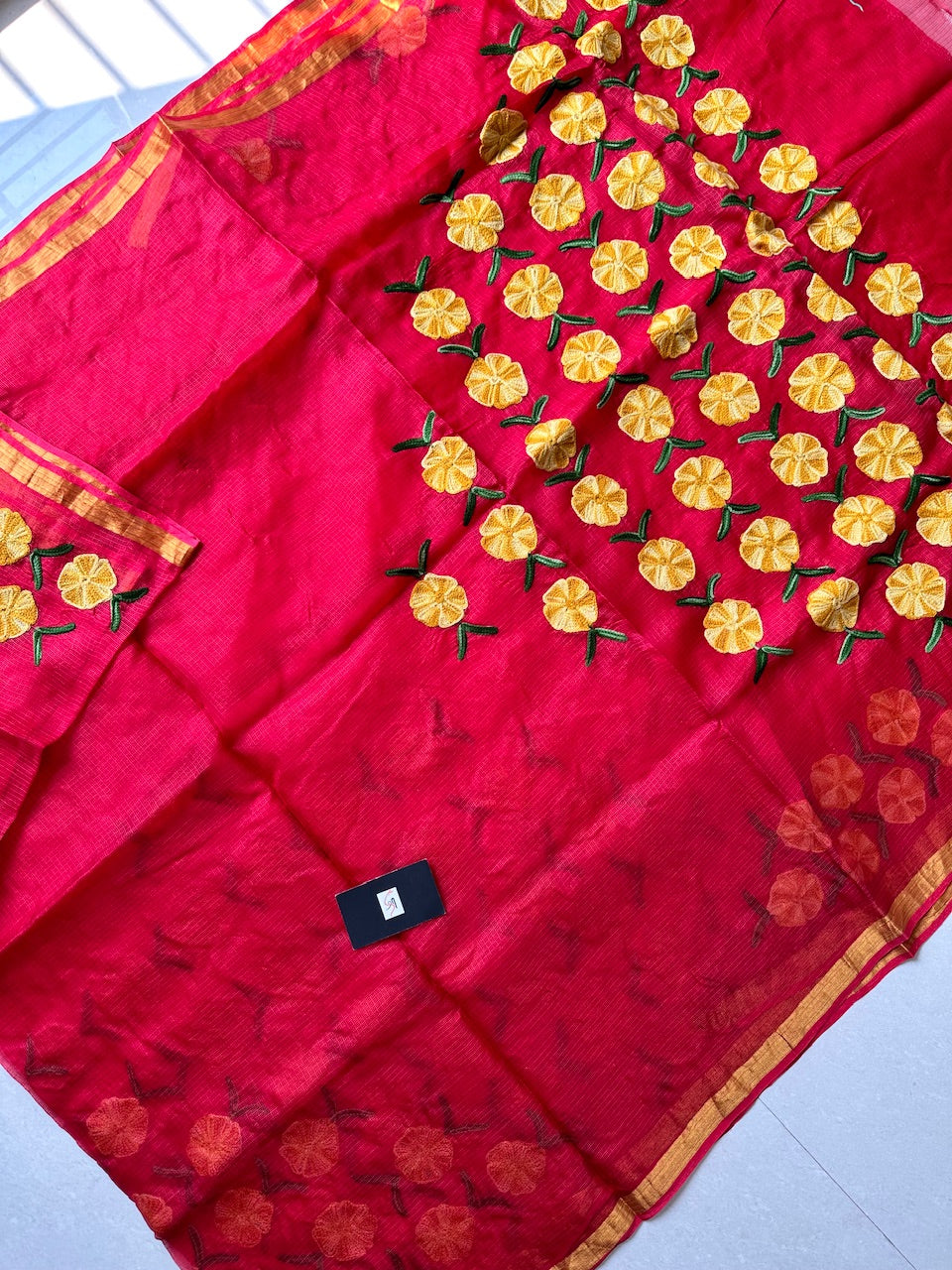 Pure Woolen Thread Embroidered Kota Silk Saree