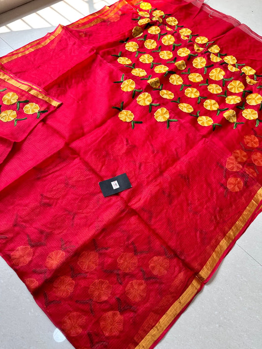 Pure Woolen Thread Embroidered Kota Silk Saree