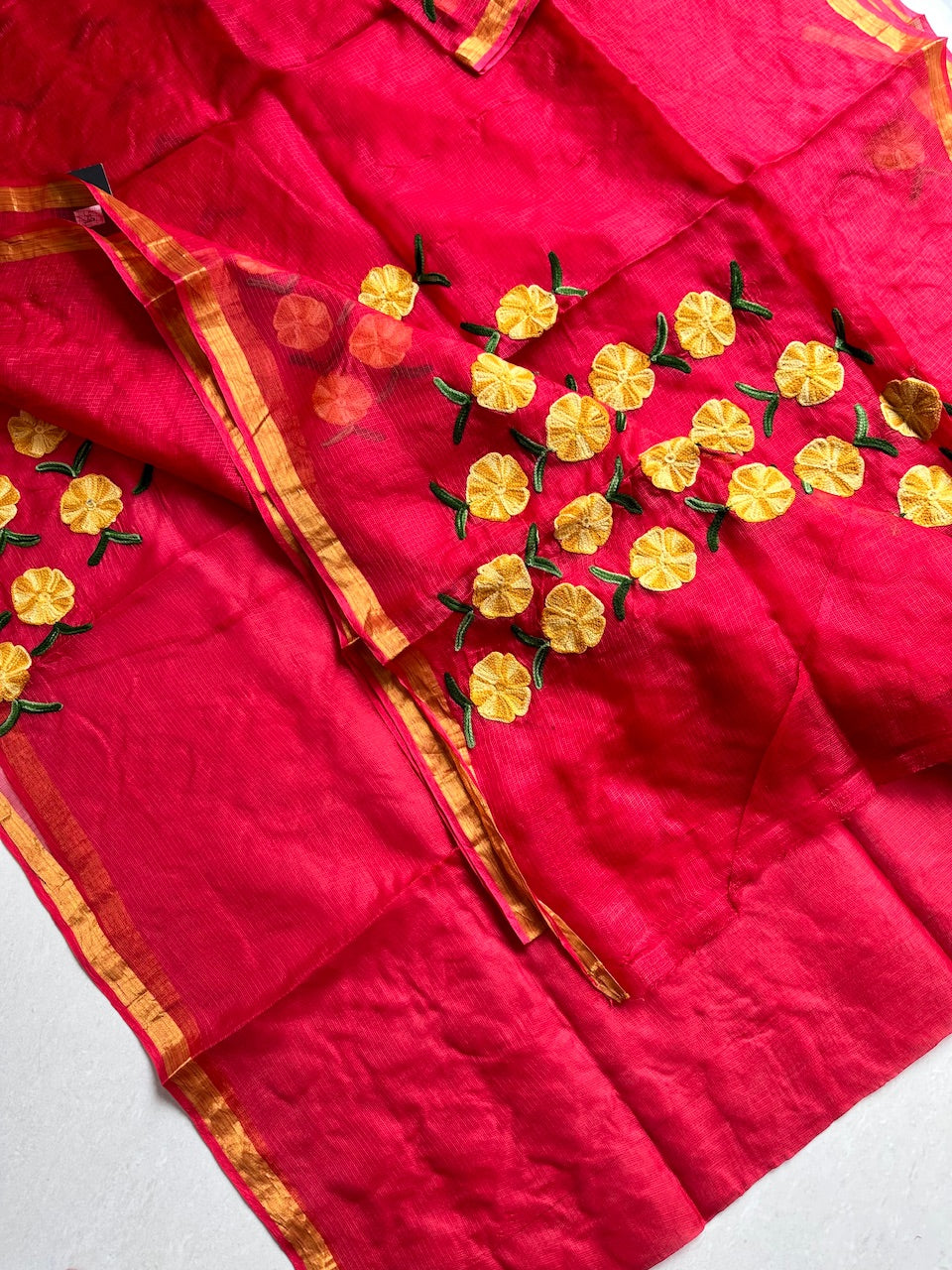 Pure Woolen Thread Embroidered Kota Silk Saree