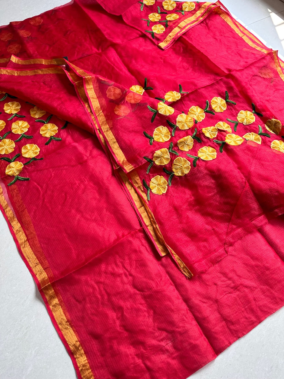 Pure Woolen Thread Embroidered Kota Silk Saree