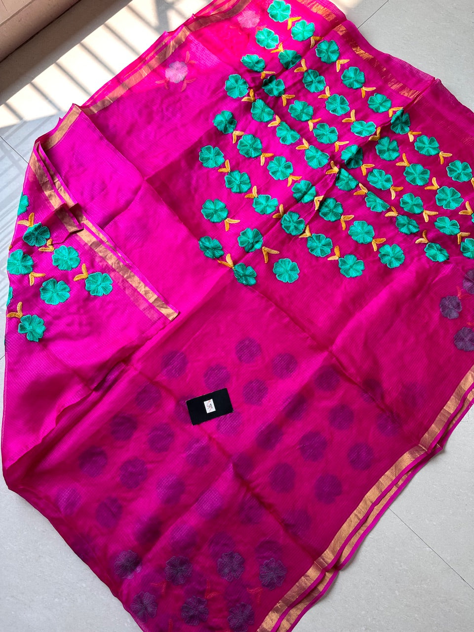 Pure Woolen Thread Embroidered Kota Silk Saree