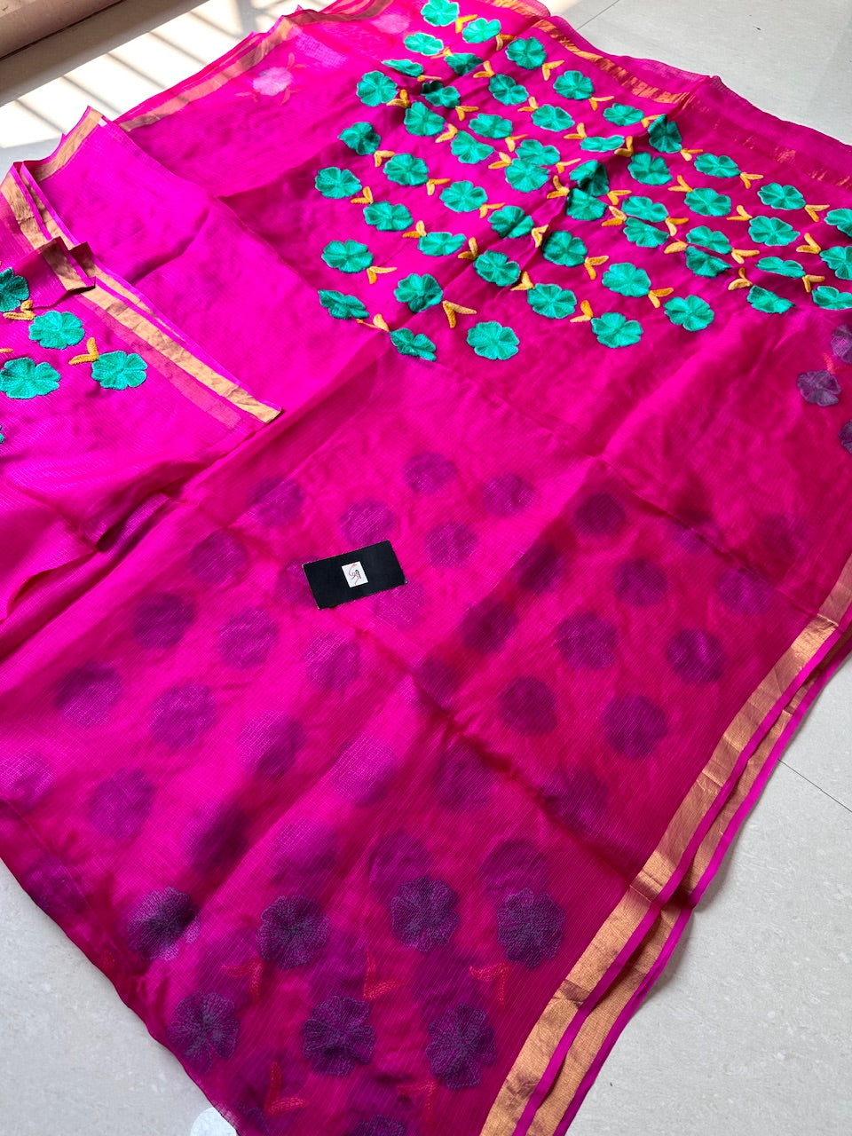 Pure Woolen Thread Embroidered Kota Silk Saree