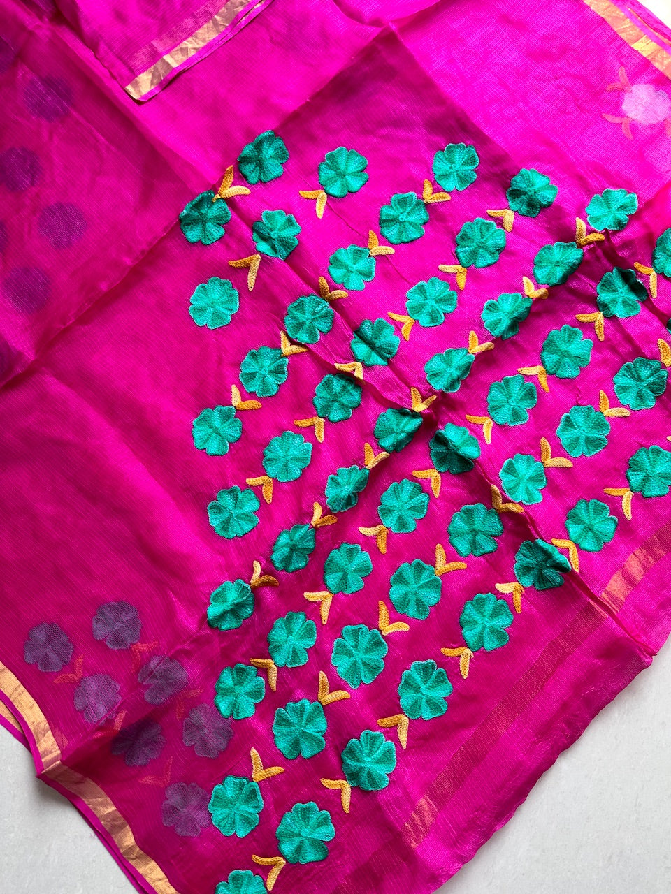 Pure Woolen Thread Embroidered Kota Silk Saree