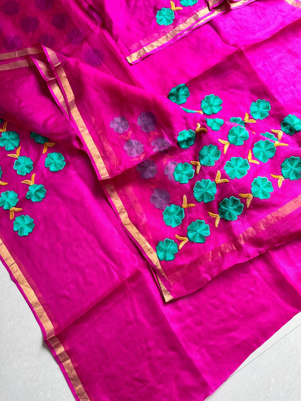 Pure Woolen Thread Embroidered Kota Silk Saree