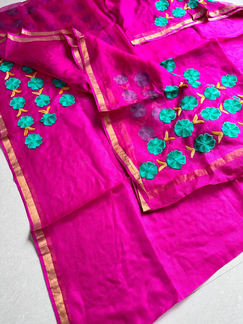 Pure Woolen Thread Embroidered Kota Silk Saree