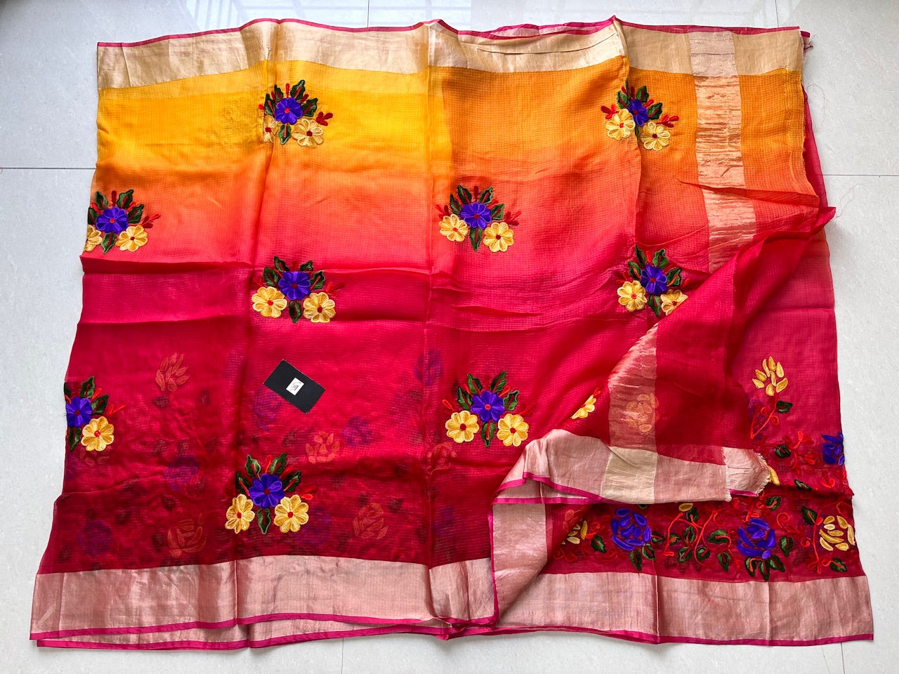 Pure Woolen Thread Embroidered Kota Silk Saree