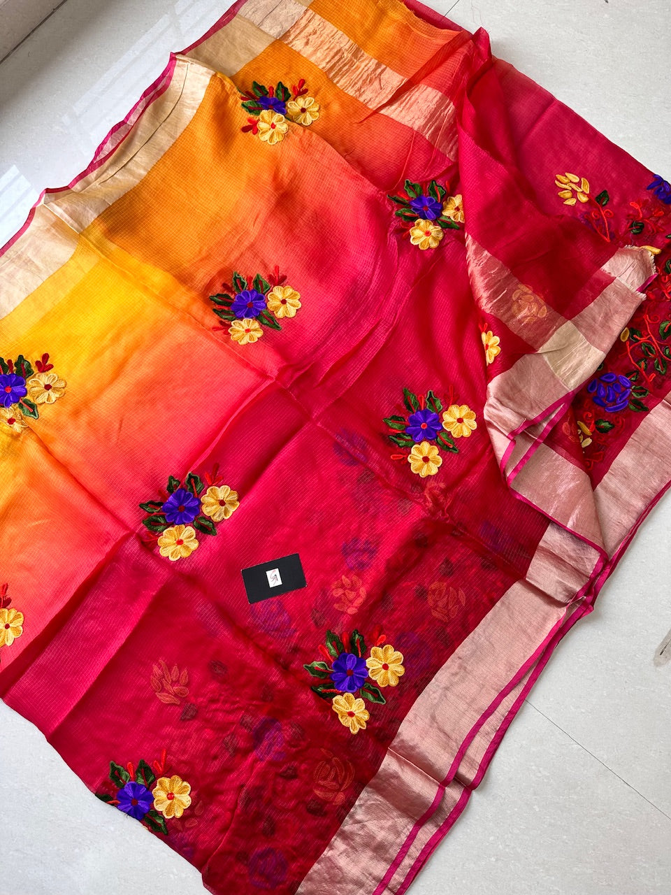 Pure Woolen Thread Embroidered Kota Silk Saree