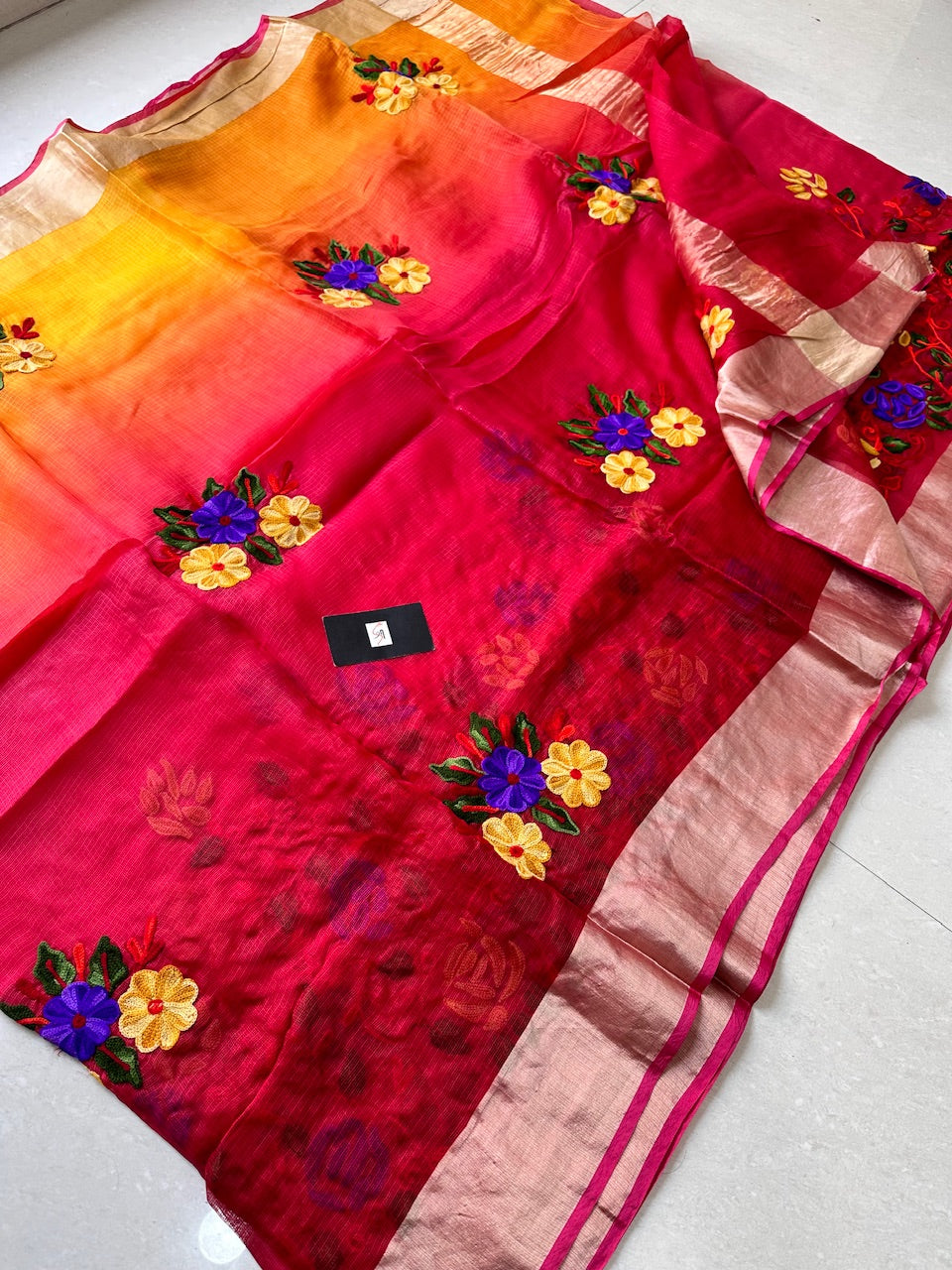 Pure Woolen Thread Embroidered Kota Silk Saree