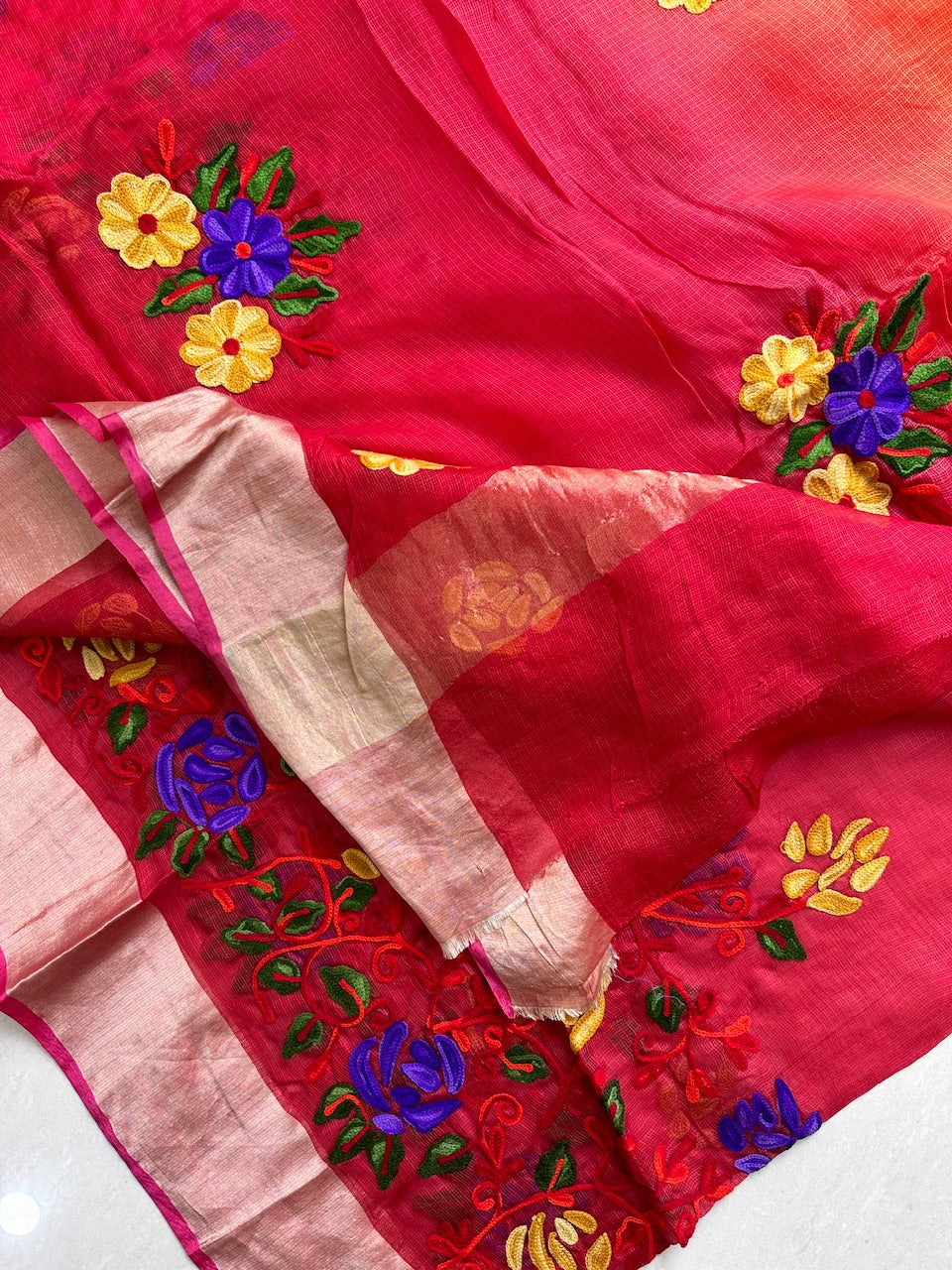 Pure Woolen Thread Embroidered Kota Silk Saree