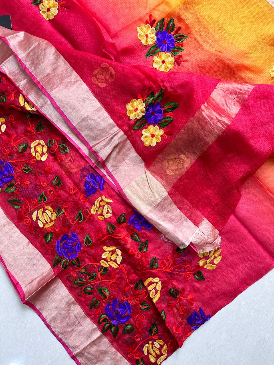 Pure Woolen Thread Embroidered Kota Silk Saree