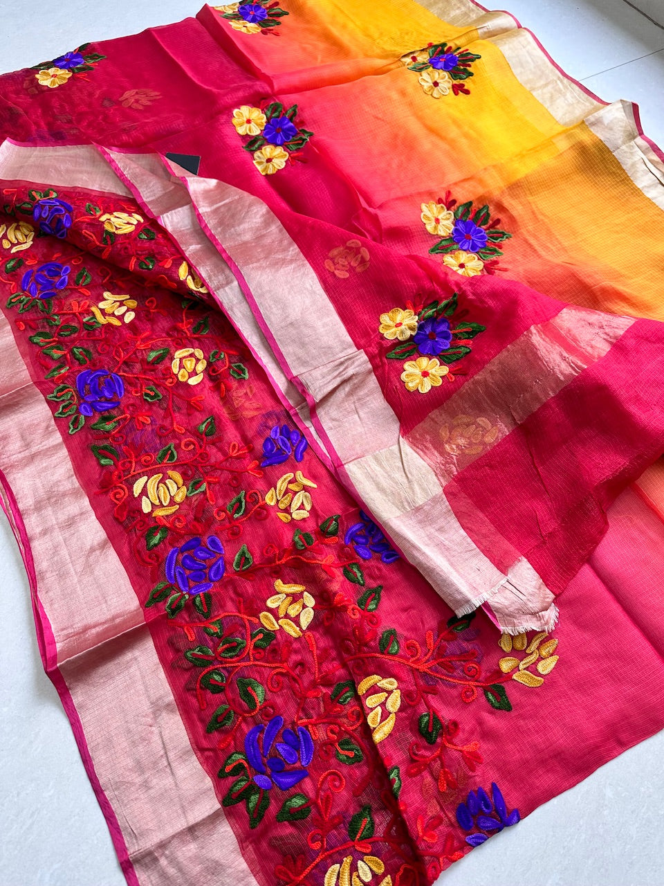 Pure Woolen Thread Embroidered Kota Silk Saree