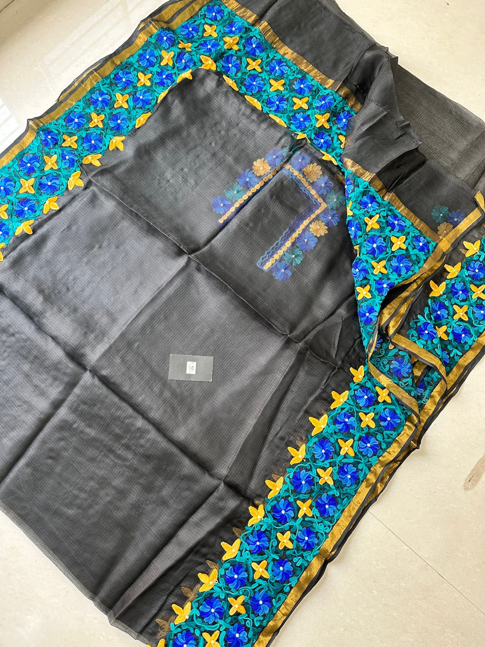 Pure Woolen Thread Embroidered Kota Silk Saree