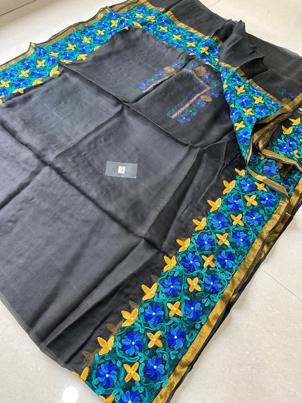 Pure Woolen Thread Embroidered Kota Silk Saree