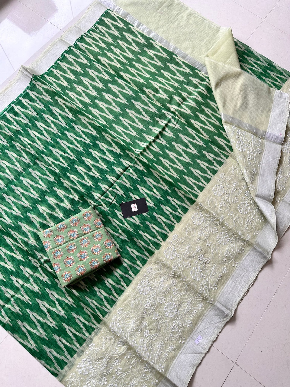 Embroidered HandBlock Printed Kota Cotton Doria Saree