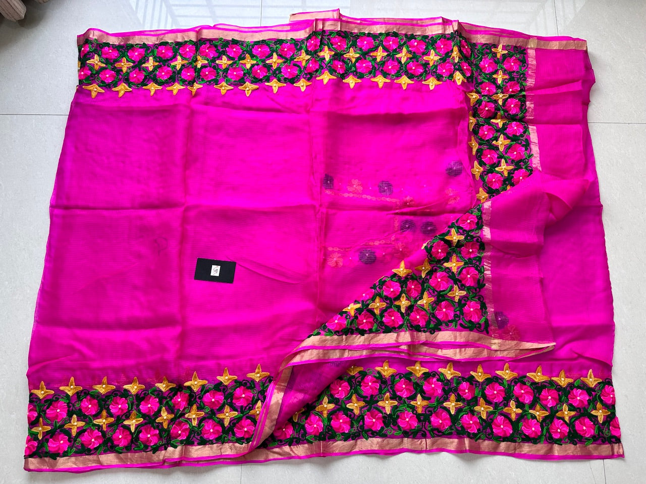 Pure Woolen Thread Embroidered Kota Silk Saree