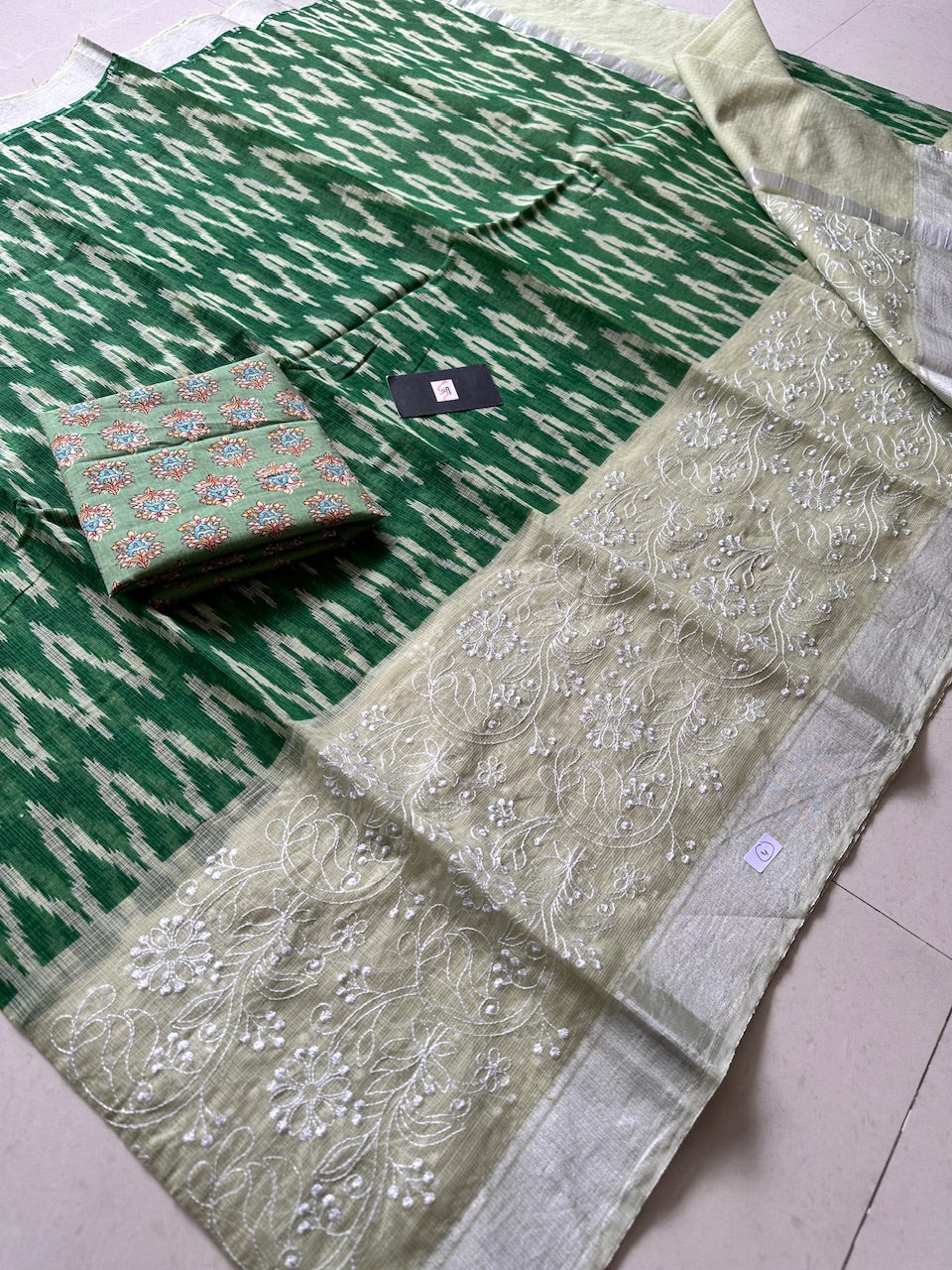 Embroidered HandBlock Printed Kota Cotton Doria Saree