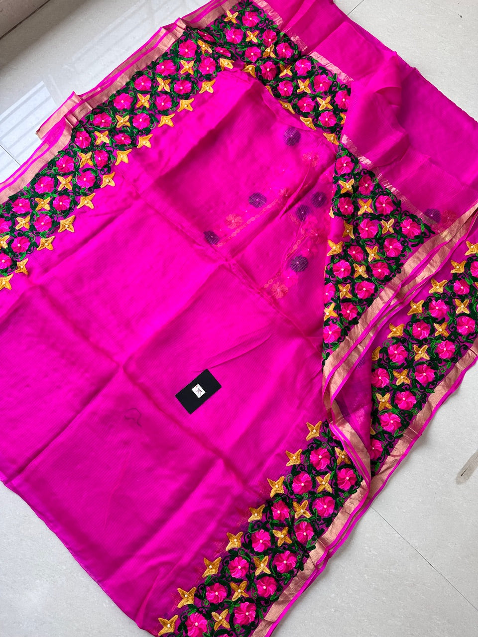 Pure Woolen Thread Embroidered Kota Silk Saree